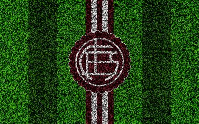Club Atletico Lanus, 4k, football lawn, logo, Argentinian football club, grass texture, purple white lines, Superliga, Lanus, Argentina, football, Argentine Primera Division, Superleague, Lanus FC