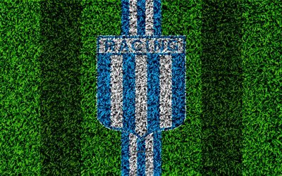 Racing Club FC, 4k, football lawn, logo, Argentinian football club, grass texture, blue white lines, Superliga, Avellaneda, Argentina, football, Argentine Primera Division, Superleague, Racing Club de Avellaneda