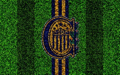 CA Rosario Central, 4k, football lawn, logo, Argentinian football club, grass texture, blue yellow lines, Superliga, Rosario, Argentina, football, Argentine Primera Division, Superleague