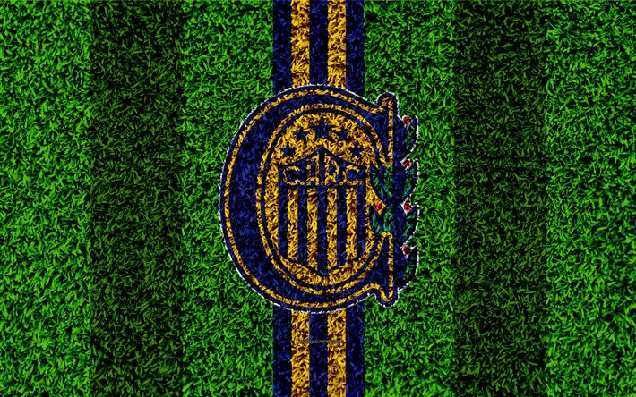 CA Rosario Central, 4k, fotboll gr&#228;smatta, logotyp, Argentinsk fotboll club, gr&#228;s konsistens, bl&#229; gula linjer, Superliga, Rosario, Argentina, fotboll, Argentinska Primera Division, Superligan