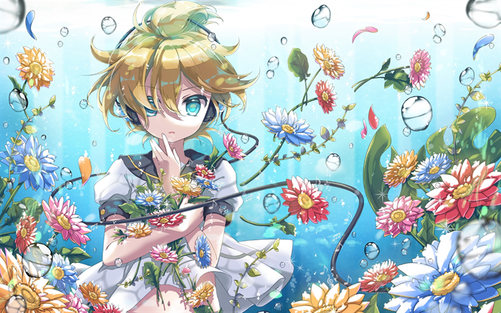 Kagamine Len, vedenalainen, kukkia, kuulokkeet, manga, Vocaloid