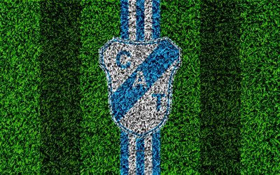 CA Temperley, 4k, f&#250;tbol de c&#233;sped, el logotipo, el Argentino de clubes de f&#250;tbol, hierba textura, azul, blanco, l&#237;neas, Superliga, Temperley, Argentina, el f&#250;tbol Argentino de Primera Divisi&#243;n, de la Superleague, el Club Atl