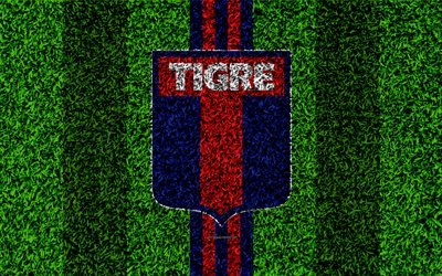 CA Tigre, 4k, football lawn, logo, Argentinian football club, grass texture, blue red lines, Superliga, Buenos Aires, Argentina, football, Argentine Primera Division, Superleague, Tigre FC