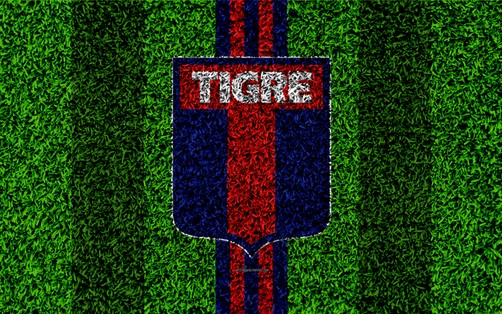 CA Tigre, 4k, football de la pelouse, le logo, l&#39;Argentin du club de football, herbe, texture, bleu, rouge, Superliga, Buenos Aires, Argentine, le football, l&#39;Argentine Primera Division, Superleague, Tigre FC