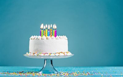 Feliz anivers&#225;rio, bolo, velas, parab&#233;ns, bolo sobre um fundo azul