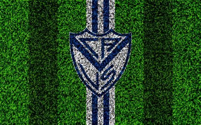 CA Velez Sarsfield, 4k, football lawn, logo, Argentinian football club, grass texture, white blue lines, Superliga, Buenos Aires, Argentina, football, Argentine Primera Division, Superleague, Velez Sarsfield FC