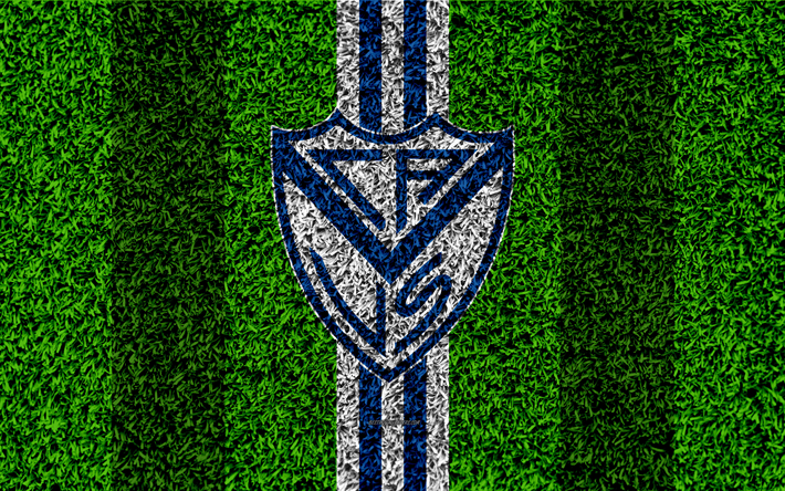 CA Velez Sarsfield, 4k, jalkapallo nurmikko, logo, Argentiinalainen jalkapalloseura, ruohon rakenne, valkoinen siniset viivat, Superliga, Buenos Aires, Argentiina, jalkapallo, Argentiinan Primera Division, Superleague, Velez Sarsfield FC