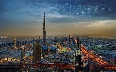 Burj Khalifa, 4k, Dubai, evening city, UAE, cityscapes, United Arab Emirates