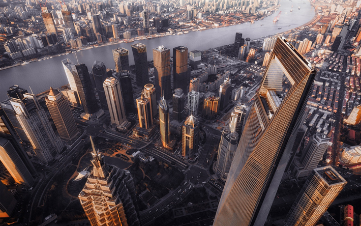 Shanghai World Financial Center, Shanghai, sunset, kv&#228;ll, skyskrapor, river, moderna byggnader, business center, uppifr&#229;n, Kina