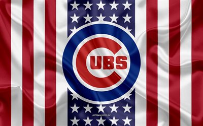 Chicago Cubs, 4k, logotyp, emblem, siden konsistens, Amerikanska flaggan, Amerikansk baseball club, MLB, Chicago, Illinois, USA, Major League Baseball, baseball, silk flag