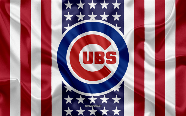 Chicago Cubs, 4k, logo, tunnus, silkki tekstuuri, Amerikan lippu, Amerikkalainen baseball club, MLB, Chicago, Illinois, USA, Major League Baseball, baseball, silkki lippu