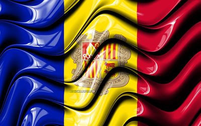 Andorra bayrağı, 4k, Avrupa, ulusal semboller, Andorra Bayrağı, 3D sanat, Andorra, Avrupa &#252;lkeleri, Andorra 3D bayrak
