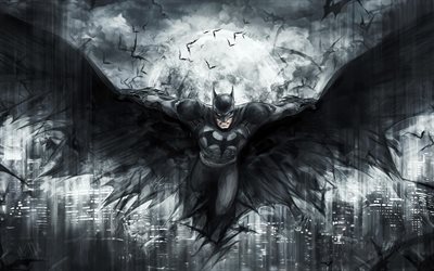 Flying Batman, 4k, night, artwork, superheroes, bats, Bat-man, Batman, batman at night, batman with bats