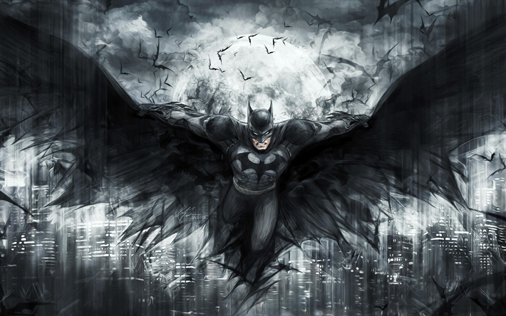 Flyger Batman, 4k, natt, konstverk, superhj&#228;ltar, fladderm&#246;ss, Bat-man, Batman, batman p&#229; natten, batman med fladderm&#246;ss