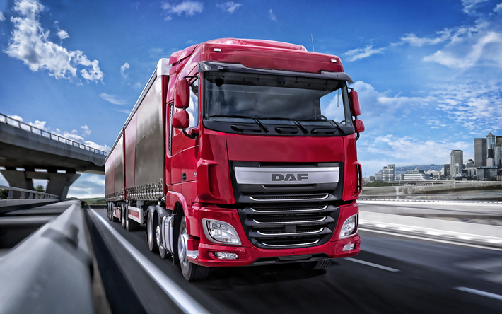 DAF-XF, 2019, EURO6, lastbil med sl&#228;p, nya XF r&#246;d, trucking begrepp, frakt, cargo leverans, DAF