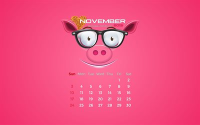 November 2019 Calendar, 4k, autumn, pink piggy, 2019 calendar, November 2019, creative, piggy with leaves, November 2019 calendar with pig, Calendar November 2019, pink background, 2019 calendars