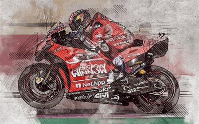 Andrea Dovizioso, 2019, Italian motorcycle racer, MotoGP, Ducati MotoGP Team, Ducati Desmosedici GP19, grunge art, creative art, Mission Winnow Ducati, racing