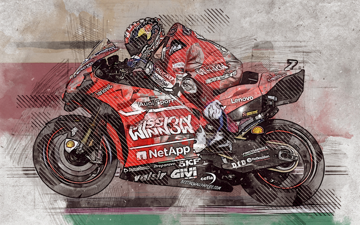 Andrea Dovizioso, 2019, italien moto racer, moto gp, Ducati MotoGP Team, Ducati Desmosedici GP19, grunge art, art cr&#233;atif, de la Mission Winnow Ducati, course