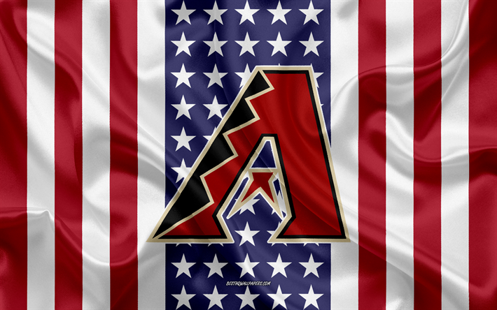 アリゾナDiamondbacks, 4k, ロゴ, エンブレム, シルクの質感, アメリカのフラグ, アメリカ野球クラブ, MLB, フェニックス, アリゾナ, 米国, メジャーリーグベースボール, 野球, 絹の旗を