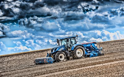 New Holland T6 180, 4k, crop sowing, 2019 tractors, agricultural machinery, blue tractor, HDR, tractor in the field, agriculture, harvest, New Holland Agriculture