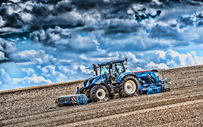 New Holland T6 180, 4k, gr&#246;da s&#229;dd, 2019 traktorer, jordbruksmaskiner, bl&#229; traktor, HDR, traktorn p&#229; f&#228;ltet, jordbruk, sk&#246;rd, New Holland Agriculture