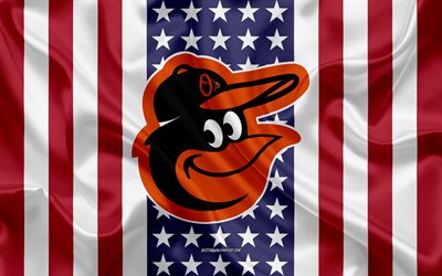 Baltimore Orioles, 4k, logo, emblem, silk texture, American flag, American baseball club, MLB, Baltimore, Maryland, USA, Major League Baseball, baseball, silk flag