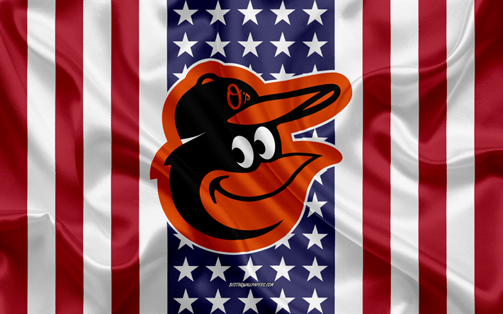Baltimore Orioles, 4k, logo, stemma, seta, trama, bandiera Americana, American club di baseball, MLB, Baltimore, Maryland, USA, Major League di Baseball, baseball, seta bandiera