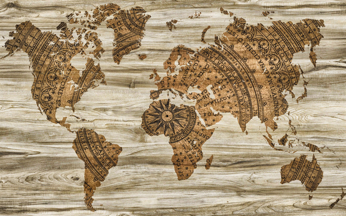 الرجعية خريطة العالم, خريطة قديمة, خريطة العالم مفهوم, الفن, الإبداعية, خلفية خشبية, خرائط العالم, خريطة العالم