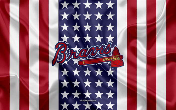 Atlanta Braves, 4k, logo, tunnus, silkki tekstuuri, Amerikan lippu, Amerikkalainen baseball club, MLB, Atlanta, Georgia, USA, Major League Baseball, baseball, silkki lippu