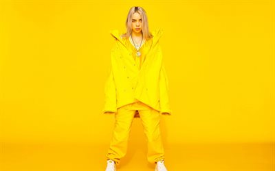 Billie Eilish, Amerikalı şarkıcı, fotoğraf &#231;ekimi, gen&#231; şarkıcı, sarı arka plan, sarı kost&#252;m