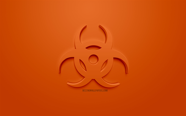 Riscos biol&#243;gicos 3d sinal, biohazard &#237;cone 3d, fundo laranja, criativo, arte 3d, os sinais de aviso, 3d &#237;cones, s&#237;mbolo de risco biol&#243;gico