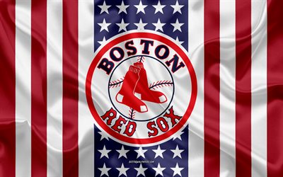 Boston Red Sox, 4k, logo, emblem, silk texture, American flag, American baseball club, MLB, Boston, Massachusetts, USA, Major League Baseball, baseball, silk flag