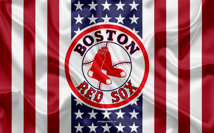 ボストンのRed Sox, 4k, ロゴ, エンブレム, シルクの質感, アメリカのフラグ, アメリカ野球クラブ, MLB, ボストン, マサチューセッツ, 米国, メジャーリーグベースボール, 野球, 絹の旗を