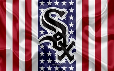 Chicago White Sox, 4k, logo, emblem, silk texture, American flag, American baseball club, MLB, Chicago, Illinois, USA, Major League Baseball, baseball, silk flag