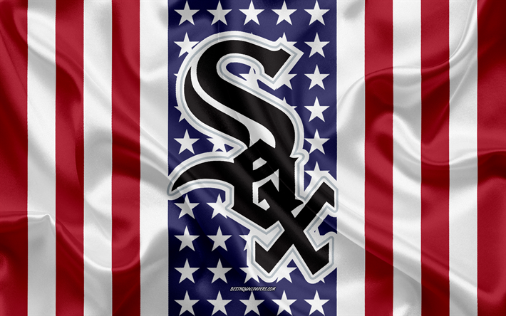 شيكاغو وايت سوكس, 4k, شعار, نسيج الحرير, العلم الأمريكي, البيسبول الأميركي النادي, MLB, شيكاغو, إلينوي, الولايات المتحدة الأمريكية, دوري البيسبول, البيسبول, الحرير العلم