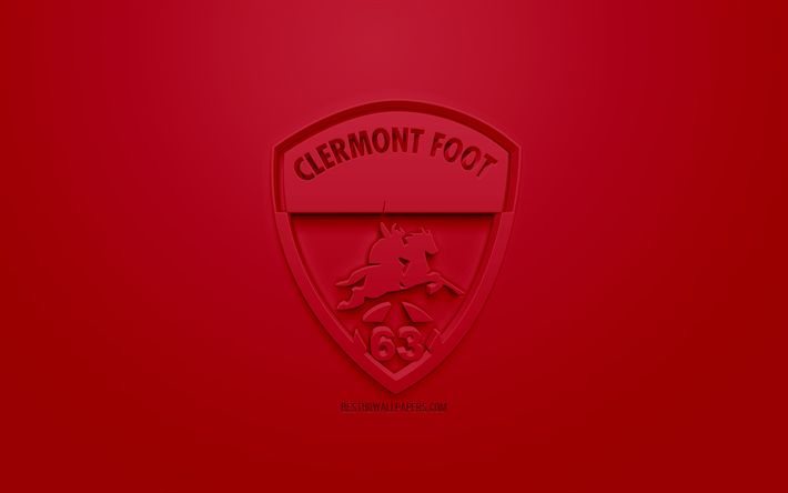 كليرمونت القدم 63, الإبداعية شعار 3D, خلفية حمراء, 3d شعار, نادي كرة القدم الفرنسي, الدوري 2, كليرمونت-فيراند, فرنسا, الفن 3d, كرة القدم, أنيقة شعار 3d