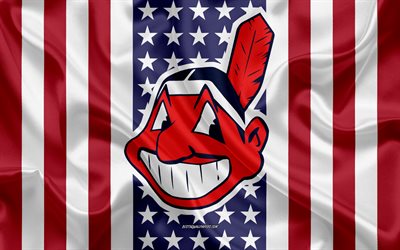 Cleveland Indians, 4k, logotyp, emblem, siden konsistens, Amerikanska flaggan, Amerikansk baseball club, MLB, Cleveland, Ohio, USA, Major League Baseball, baseball, silk flag