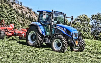 New Holland T5 75, 4k, plowing field, 2019 tractors, agricultural machinery, HDR, blue tractor, agriculture, harvest, New Holland Agriculture