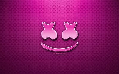 Marshmello紫色のロゴ, ファンアート, アメリカのDJ, クロムロゴ, クリストファー-Comstock, Marshmello, 紫色の金属の背景, DJ Marshmello, Dj, Marshmelloロゴ