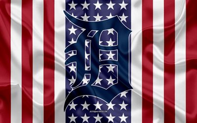 Detroit Tigers, 4k, logo, emblem, silk texture, American flag, American baseball club, MLB, Detroit, Michigan, USA, Major League Baseball, baseball, silk flag