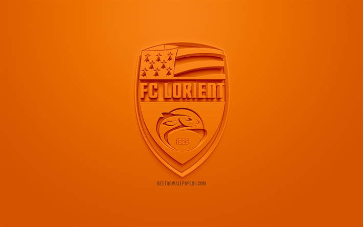 2 FC Lorient, yaratıcı 3D logo, turuncu arka plan, 3d amblem, Fransız Futbol Kul&#252;b&#252;, İzle, Lorient, Fransa, 3d sanat, futbol, 3d logo şık