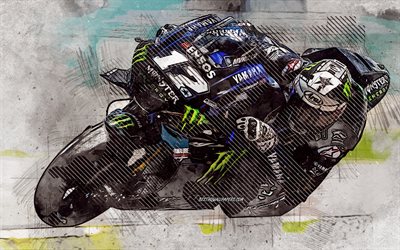 Maverick Vinales, 2019, Spanska motorcykel racer, MotoGP, Monster Energy Yamaha MotoGP, Yamaha YZR-M1, grunge konst, kreativ konst, Yamaha, racing