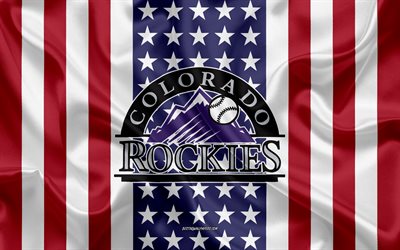 كولورادو روكيز, 4k, شعار, نسيج الحرير, العلم الأمريكي, البيسبول الأميركي النادي, MLB, دنفر, كولورادو, الولايات المتحدة الأمريكية, دوري البيسبول, البيسبول, الحرير العلم