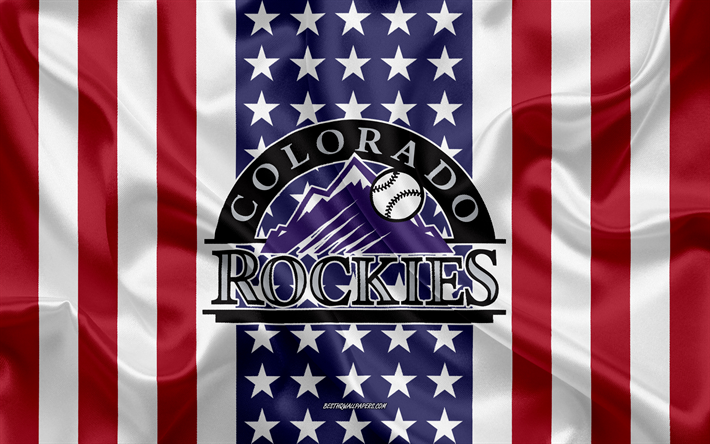 Colorado Rockies, 4k, logo, emblema, textura de seda, Bandeira americana, Americana de beisebol clube, MLB, Denver, Colorado, EUA, Major League Baseball, beisebol, seda bandeira