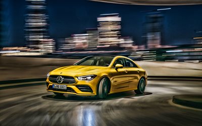 Mercedes-Benz CLA-klass, 4k, natt, 2019 bilar, Mercedes CLA, tyska bilar, gul CLA, Mercedes