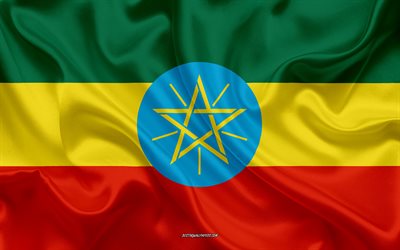 العلم من إثيوبيا, 4k, نسيج الحرير, إثيوبيا العلم, الرمز الوطني, الحرير العلم, إثيوبيا, أفريقيا, أعلام البلدان الأفريقية