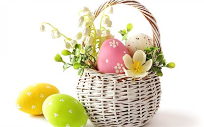 Easter eggs, white basket, white background, Easter, spring, Painted eggs, white spring flowers