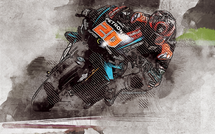 Fabio Quartararo, franc&#233;s piloto de motos, MotoGP, Yamaha SRT Petronas Yamaha YZR-M1, grunge, arte, arte creativo, Yamaha racing