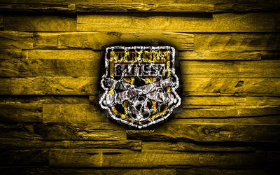 Charleston Battery FC, burning logo, USL Championship, yellow wooden background, american soccer club, Battery, grunge, football, soccer, Charleston Battery logo, Charleston, USA