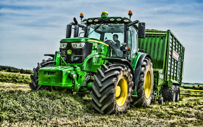 John Deere6155R, StarFire3000, 乾草の収穫, 2019トラクター, 農業機械, 収穫, 緑のトラクター, HDR, 農業, 6Rトラクターシリーズ, トラクターに, John Deere